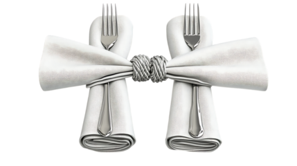 Two white napkins tied together with silverware on transparent background