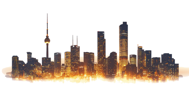 Silhouette of skyscrapers with warm yellow lighting at night, isolated on transparent background. PNG