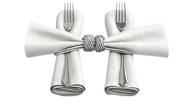 Two white napkins tied together with silverware on transparent background