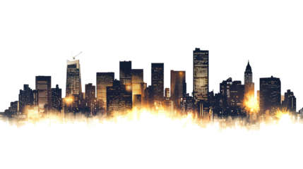 Silhouette of city skyline at night with warm lighting, isolated on transparent background. PNG