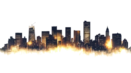 Silhouette of city skyline at night with warm lighting, isolated on transparent background. PNG