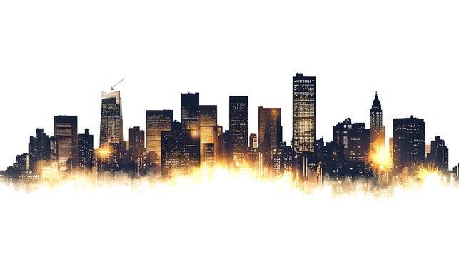 Silhouette of city skyline at night with warm lighting, isolated on transparent background. PNG