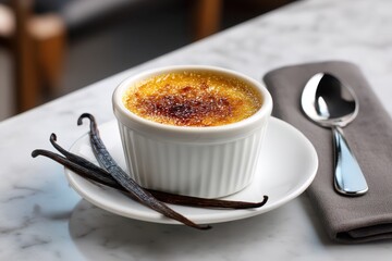 Crème brûlée with cracked caramelized top served in a ramekin with vanilla pod on elegant café setting