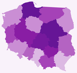 Map of Poland with regions. Just a simple country border map with region division. Purple color palette. Plain Poland shape with administrative division. Vector illustration.