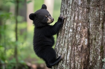 Obraz premium Cute Black Bear Cub Climbing Tree in Lush Green Forest Setting Surrounded by Nature and Wildlife in a Peaceful Natural Environment