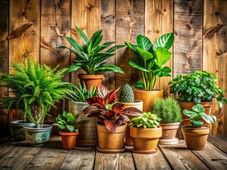 Rustic Home Decor: Greenery & Potted Plants on Wooden Background - Interior Design Photography
