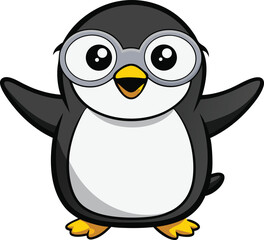 Obraz premium Cute Cartoon Penguin Mascot Vector – Cheerful Minimalist Character with Glasses and Sparkles