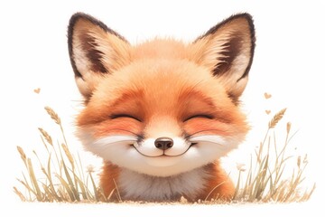 Obraz premium Adorable fox cub with bright eyes & a happy expression in tall grass