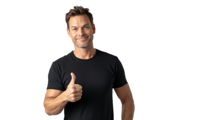 Handsome middle-aged man in black t-shirt, smiling confidently giving thumbs up ok sign, isolated on transparent background. PNG