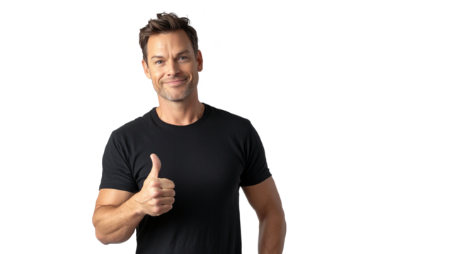Handsome middle-aged man in black t-shirt, smiling confidently giving thumbs up ok sign, isolated on transparent background. PNG