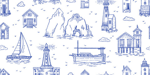 Summer sea beach pattern with lighthouse. Italy and Amalfi coast seamless background. Italian hand drawn pattern with boat, yacht, lighthouse, beach cabin hut, sailboat, rock, coastal house. Doodle bg © Olga Che