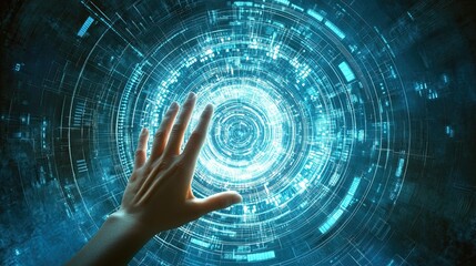 Hand interacting with abstract holographic technology interface background