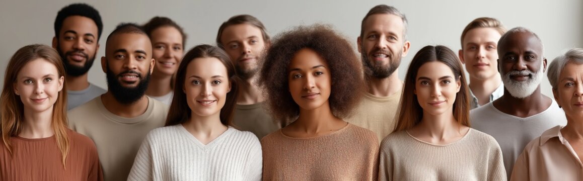 A diverse team of individuals stands side by side, showcasing unity and collaboration. They exhibit a range of backgrounds, ages, and expressions, emphasizing inclusivity and teamwork