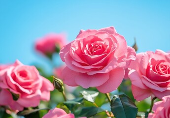 Obraz premium Delicate Pink Roses Blooms Under Bright Blue Sky in Spring, Fresh Floral Arrangement, Nature’s Beauty, Flower Garden, Soft Petals