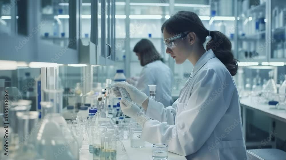 Poster A scientist is carefully conducting an experiment in a well-lit laboratory. She is using lab equipment, and the scene suggests a focus on precision and the pursuit of scientific discovery.