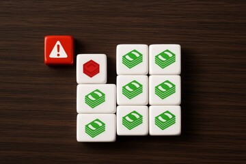 Financial Risk Management Concept Image Showing Stacks of Money Cubes and a Warning Sign  Illustrating Potential Investment Loss or Financial Instability  Business and Finance Risk Assessment Graphic 