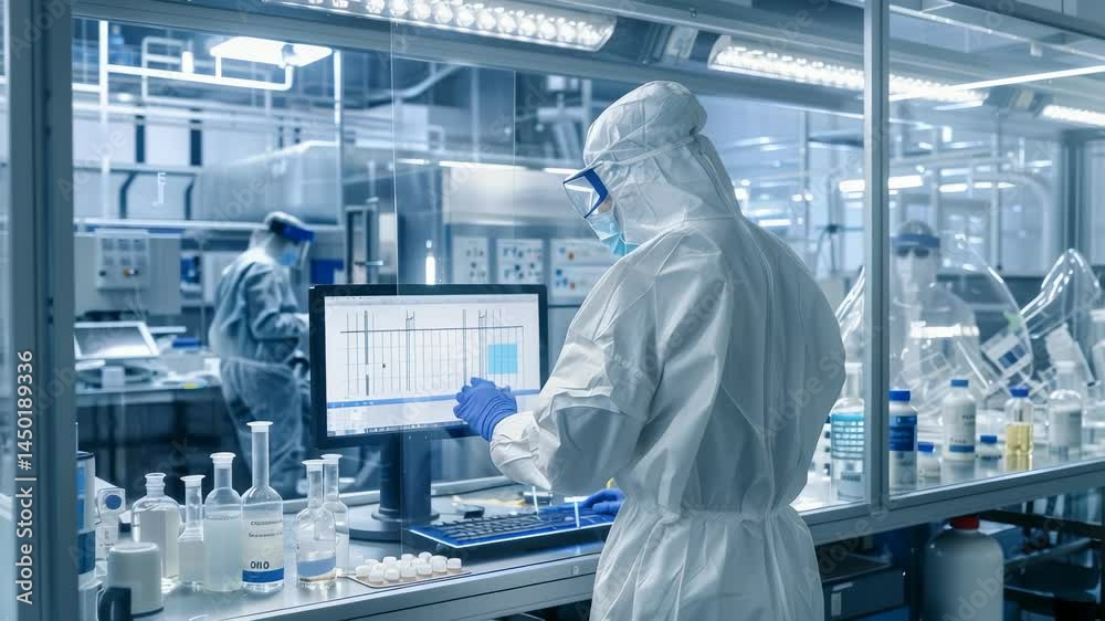 Aufkleber A scientist in a full-body protective suit, mask, and gloves works in a modern laboratory. The focus is on a computer screen displaying data. Laboratory equipment and other scientists are visible.