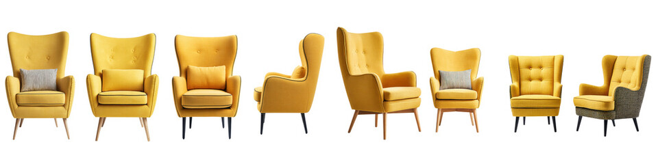 A collection of stylish yellow velvet armchairs in a retro design