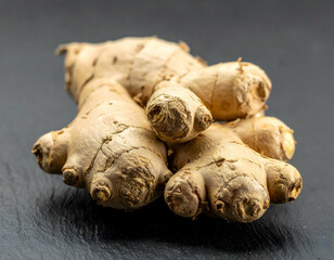 Fototapeta premium Close Up Of Fresh Ginger Roots On Dark Background