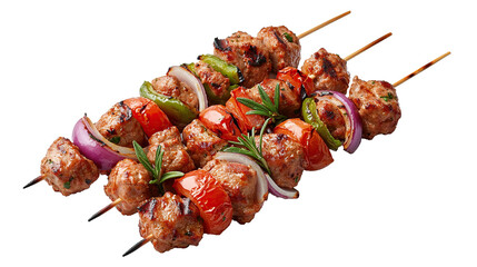 Shish kebab on skewers features grilled meat, isolated on transparent background. PNG