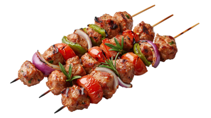 Shish kebab on skewers features grilled meat, isolated on transparent background. PNG