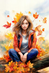 young woman sitting on a log among autumn leaves