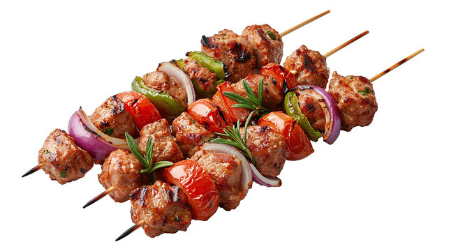 Shish kebab on skewers features grilled meat, isolated on transparent background. PNG