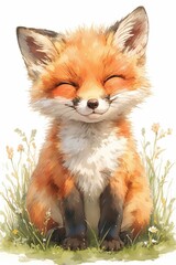 Obraz premium Adorable fox kit sits in the grass, enjoying the sunshine and blooming flora