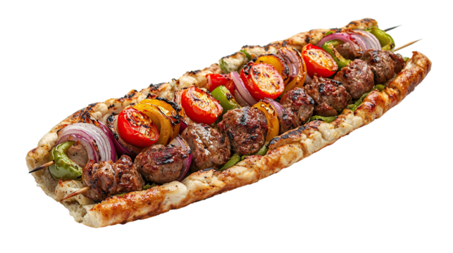 Delicious mixed kebab with grilled meat, isolated on transparent background. PNG