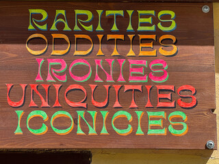 Wooden sign advertising oddities