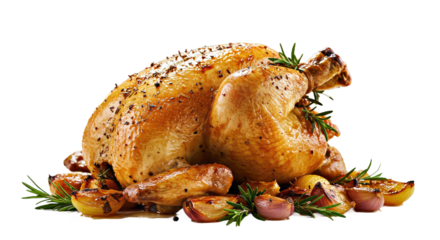 Glowing roasted chicken with festive herbs and spices, as if under candlelight on a tablecloth