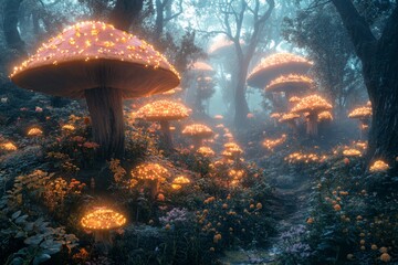 Enchanted forest path, glowing mushrooms, misty scene, fantasy art, book cover