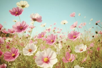 Gentle breeze moves through a peaceful field of pink and white cosmos flowers in bloom