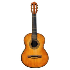 Fototapeta premium Vintage acoustic guitar, classic wooden design. Detailed view, showcasing fretboard, bridge, and soundhole