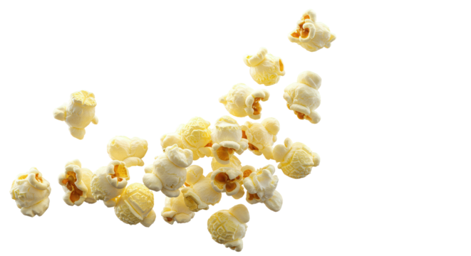 Popcorn kernels scattered on a transparent background, representing a delicious and fun snack for movie nights or celebrations