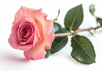 Fototapeta premium Elegant Pink Rose on White Background with Green Leaves Symbolizing Love, Beauty, and Romance for Floral Decor and Wedding Themes