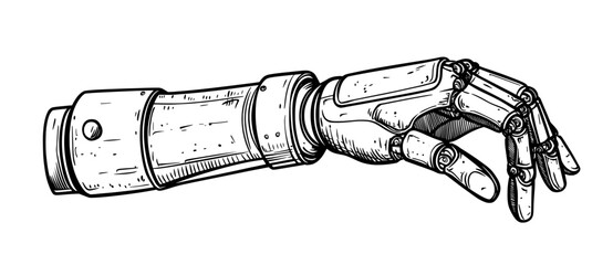 The robotic limb is isolated and is a cyborg mechanical hand, also referred to as a droid prosthesis, with a modern hand that has a pointing finger and incorporates future artificial technology in