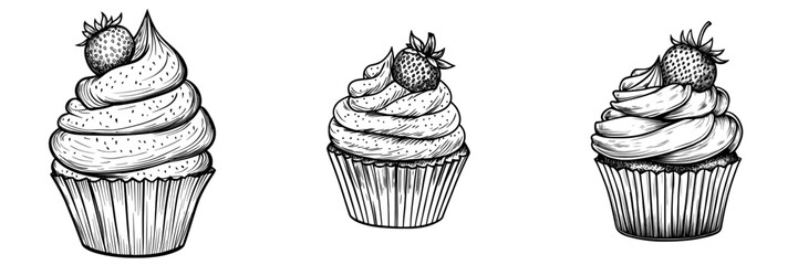 Modern cake topped by summer berry, a muffin and cupcake with strawberry fruit isolated in a sketch