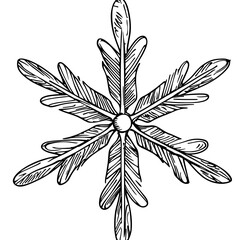 A modern and geometrically symmetrical frozen snowflake serves as a thin line icon for isolated Christmas and Xmas decorations during the New Year holidays