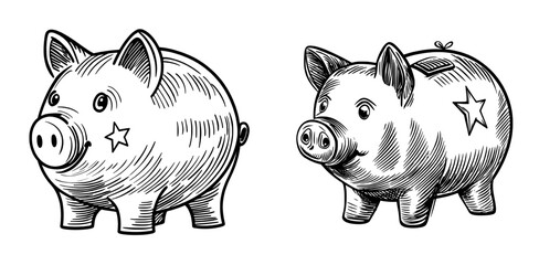 Modern save money concept represented by a pig bank with a bonus star in isolated thin line icon form, symbolizing financial economy and deposit, with bonus revenue