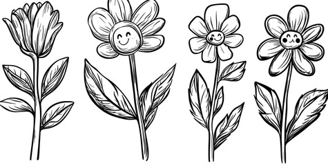 Retro groovy flower characters, such as daisies and sunflowers, are depicted as cute and happy, accompanied by a set of vintage and funky flowers with smiling faces and sunglasses, all in a modern