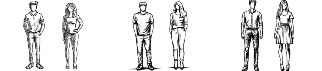Modern monochrome silhouettes of a man and woman are shown in a front view, highlighting the contours of the human body in a patient and isolated setting, with both male and female figures standing