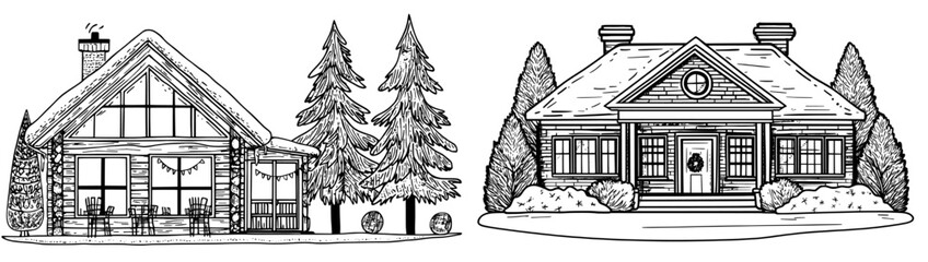 The exterior of a cozy cottage is adorned with festive lights and garland, covered in glistening snow that creates a charming and inviting atmosphere