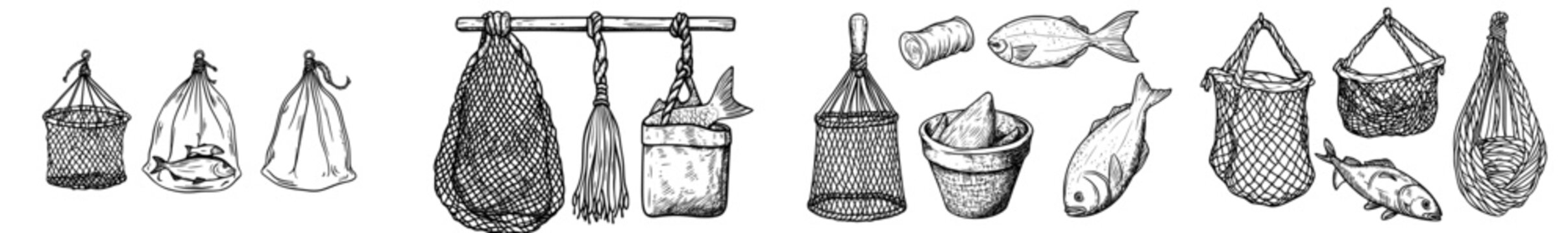 Equipment for modern fishery and fishing sports includes fishing nets, traps, trawls, fish tanks, and seines, along with fisherman's rope mesh fishnets and sea water fish traps