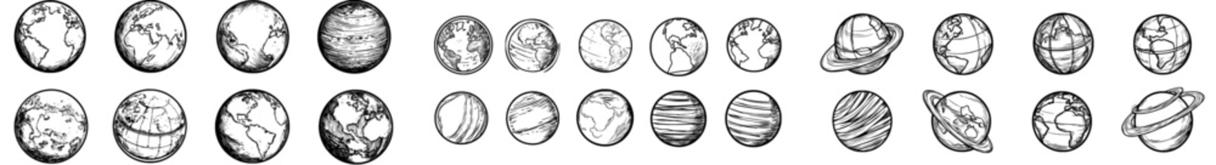 Obraz premium A modern globe collection features an abstract wireframe geometric planet earth logo that serves as a linear global worldwide network symbol, embodied in a modern round web sign, represented by a