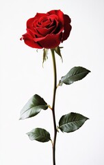 Fototapeta premium Elegant Red Rose with Green Leaves Isolated on White Background, Perfect for Romantic Themes, Celebrations, and Floral Designs in Various Projects