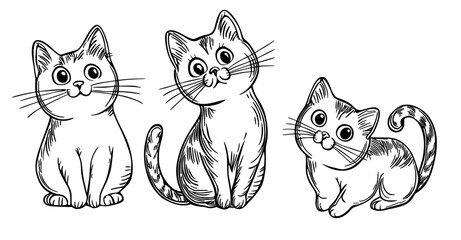 Obraz premium Cute doodle cats are illustrated in a modern isolated set, featuring funny kitten animal characters with various poses and emotions, all hand drawn with a childish outline style