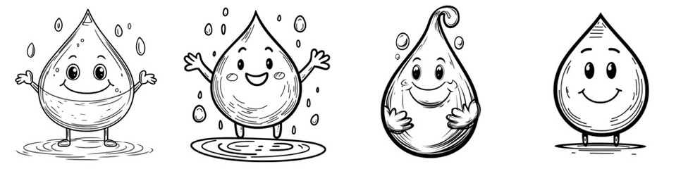 A cheerful cartoon character in the form of a water drop, depicted as a blue aqua drop symbolizing fresh water, clean moisture, or a drip, presented as a modern and cute mascot with a pure and