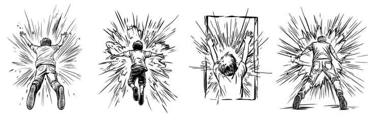 Black and white art illustration featuring the silhouette of a child set against an explosive abstract background