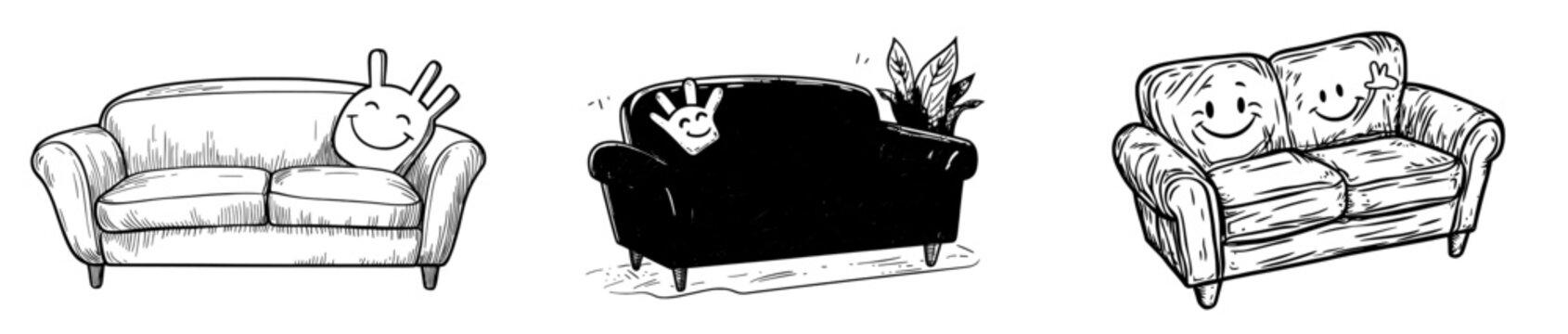 The cartoon character, a retro sofa personage, is shown wearing sneakers and sporting a big smile and expressive eyes as it points and waves